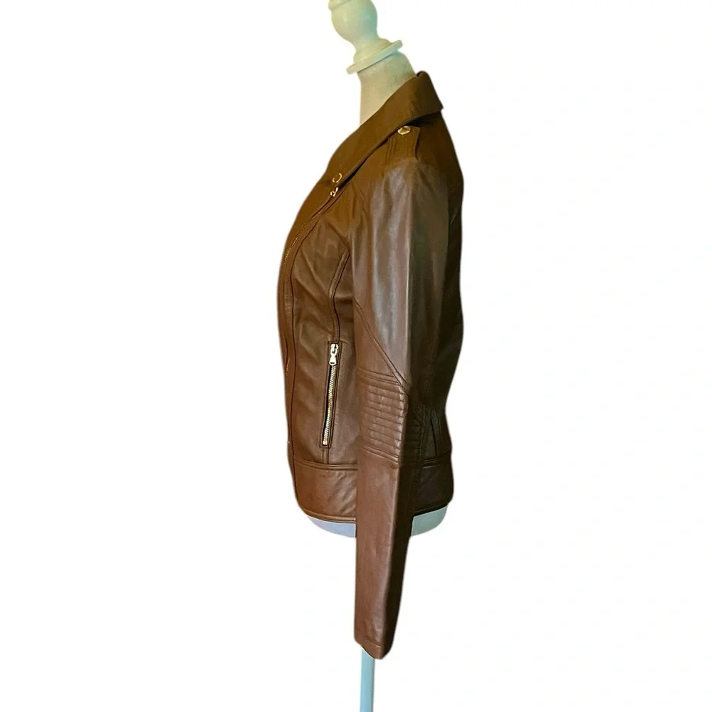 GUESS BROWN LEATHER GOLD TRIM MOTO JACKET GREAT CONDITION SIZE XS